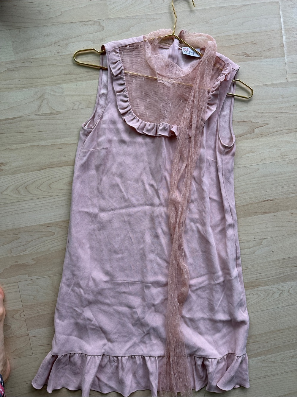 RED Valentino Blush Pink Ruffle Neck Sleeveless Dress with Sheer Dotted Scarf